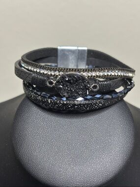 Druzy Rhinestone Multi Boho Festival Edgy Leather Wrap Bracelet